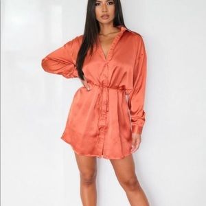 Rust Satin Self Tie Oversized Shirt Dress